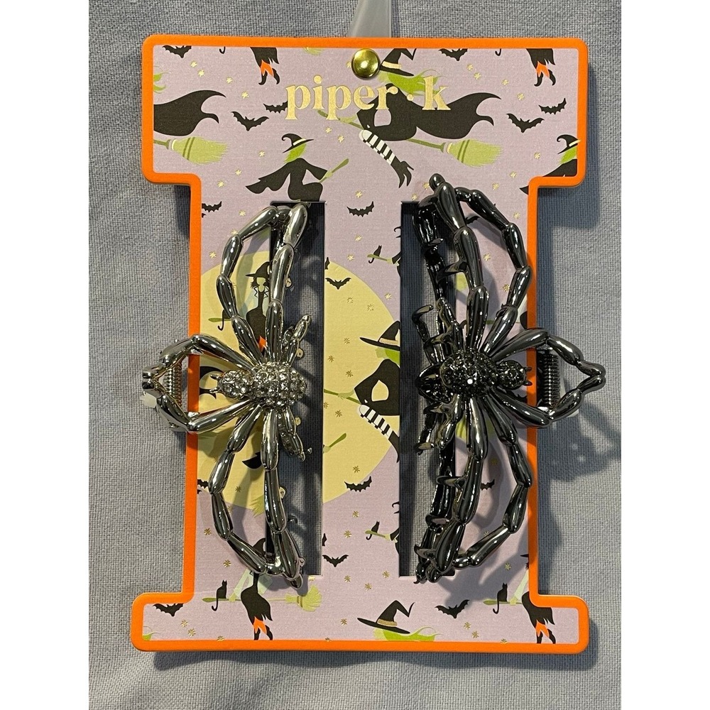 NEW Piper K -  Gunmetal/Silver Metal‎ Hair Clips - Halloween Rhinestone Spiders